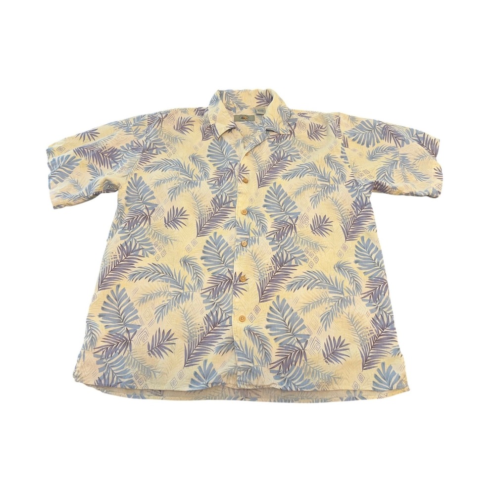 Foliage Mens Blue Tropical Leaf Print Linen Rayon Blend Camp Shirt Large‎